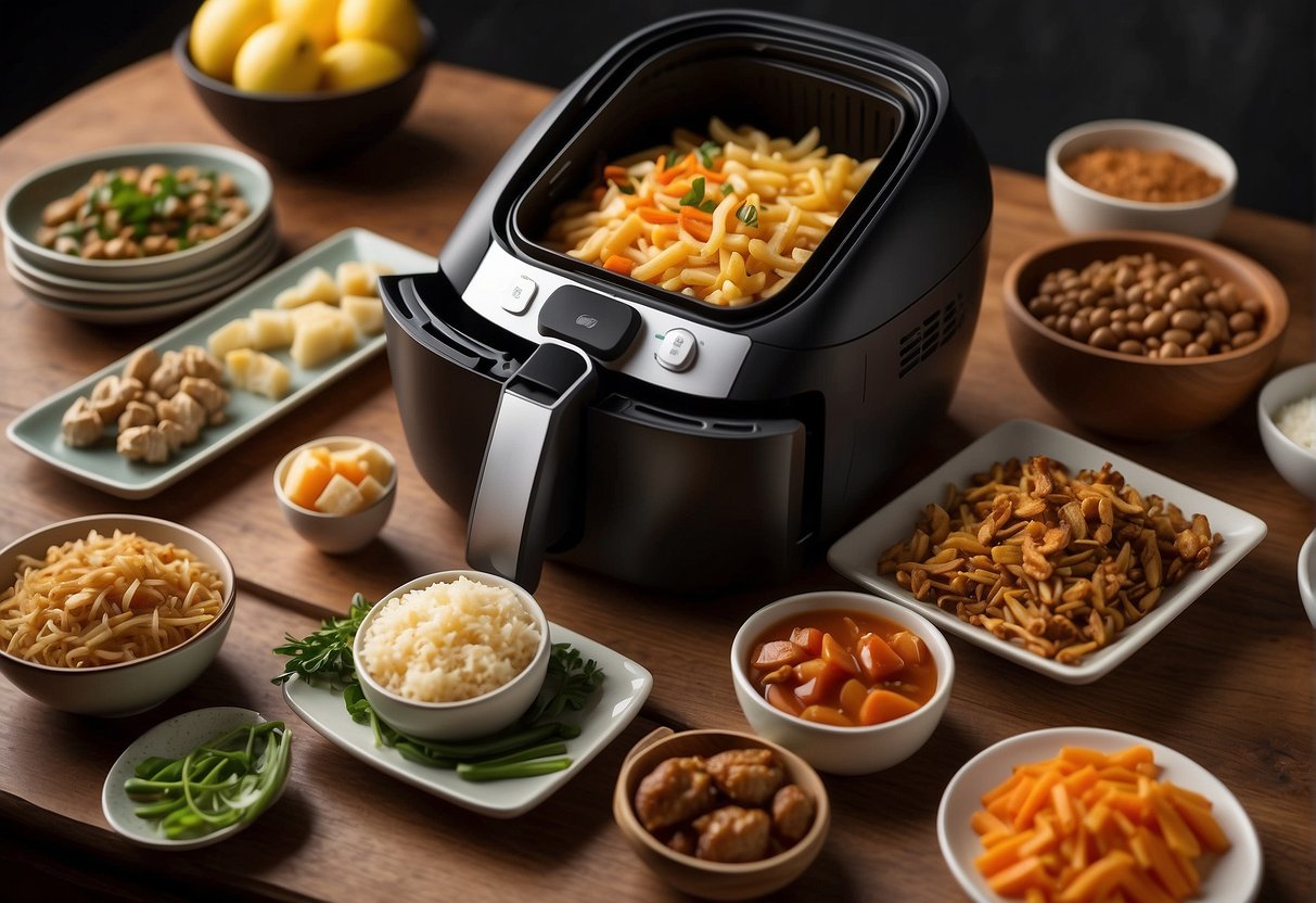A colorful array of Chinese food ingredients surrounds an air fryer, with recipe cards and a "Frequently Asked Questions" booklet nearby
