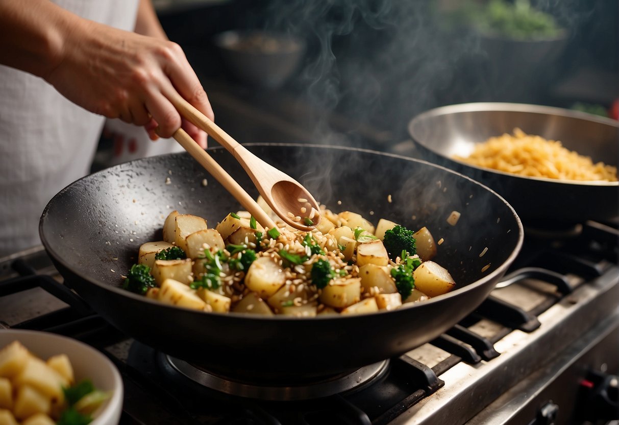 A wok sizzles as diced potatoes are stir-fried with garlic, ginger, and scallions. A splash of soy sauce and a sprinkle of sesame seeds add the finishing touches to the savory dish