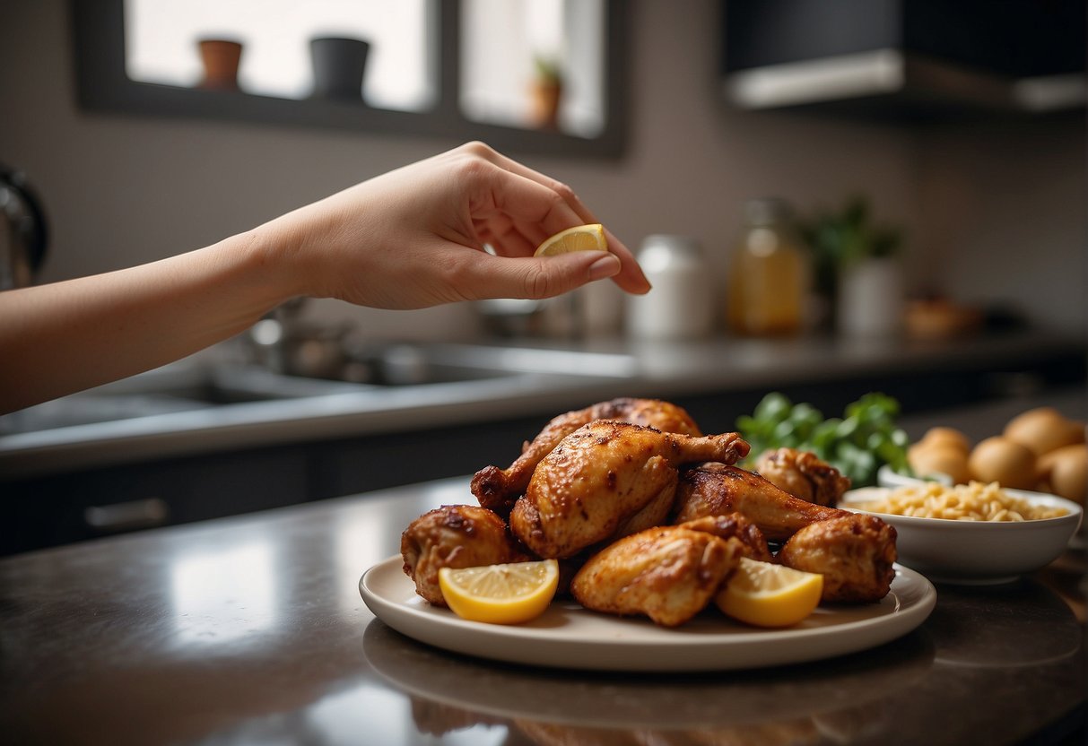 A hand reaches for chicken, ginger, and soy sauce on a kitchen counter