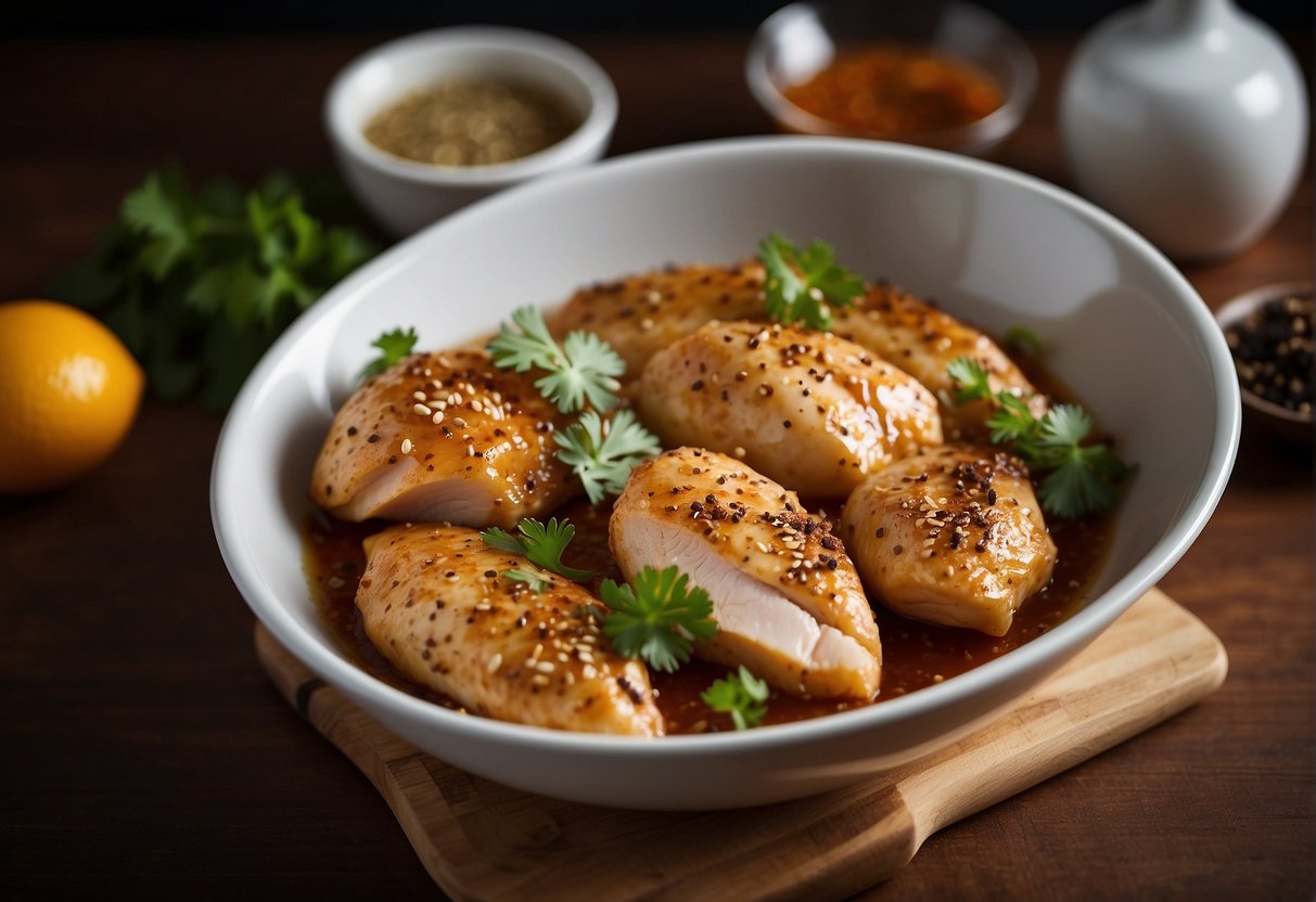 Chicken breasts being marinated and seasoned with traditional Chinese spices in a bowl