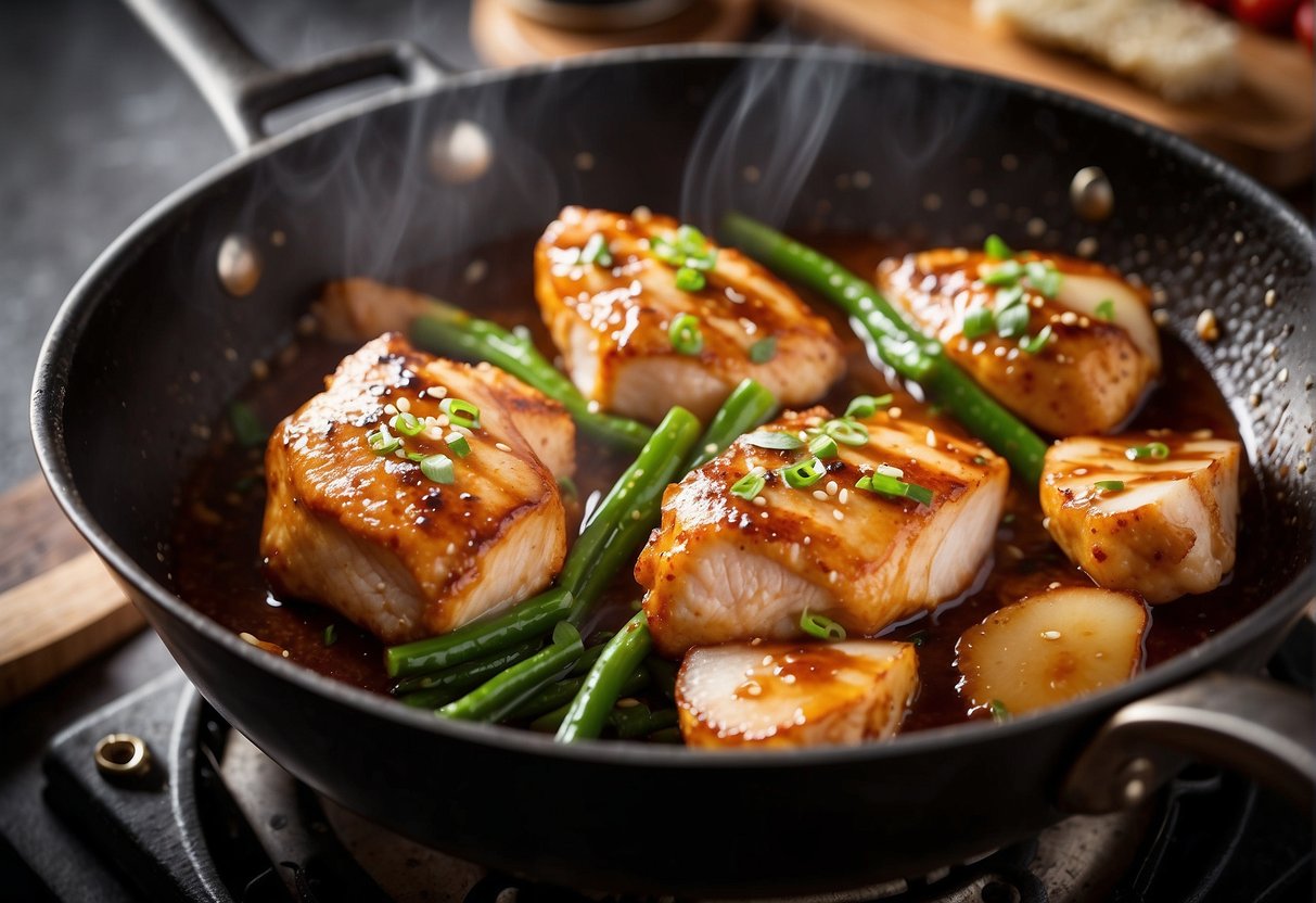 Searing chicken breast in a hot wok, flipping with a spatula, adding soy sauce and ginger, then simmering in a savory sauce
