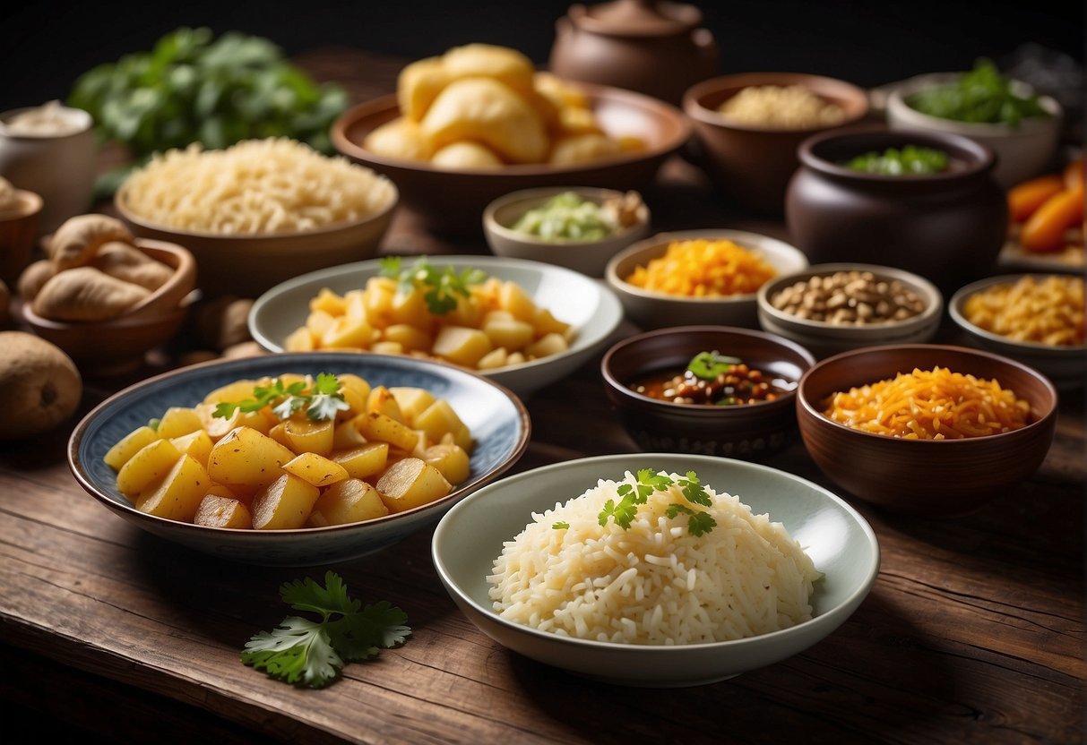 A table spread with various Chinese potato dishes, showcasing their nutritional profiles