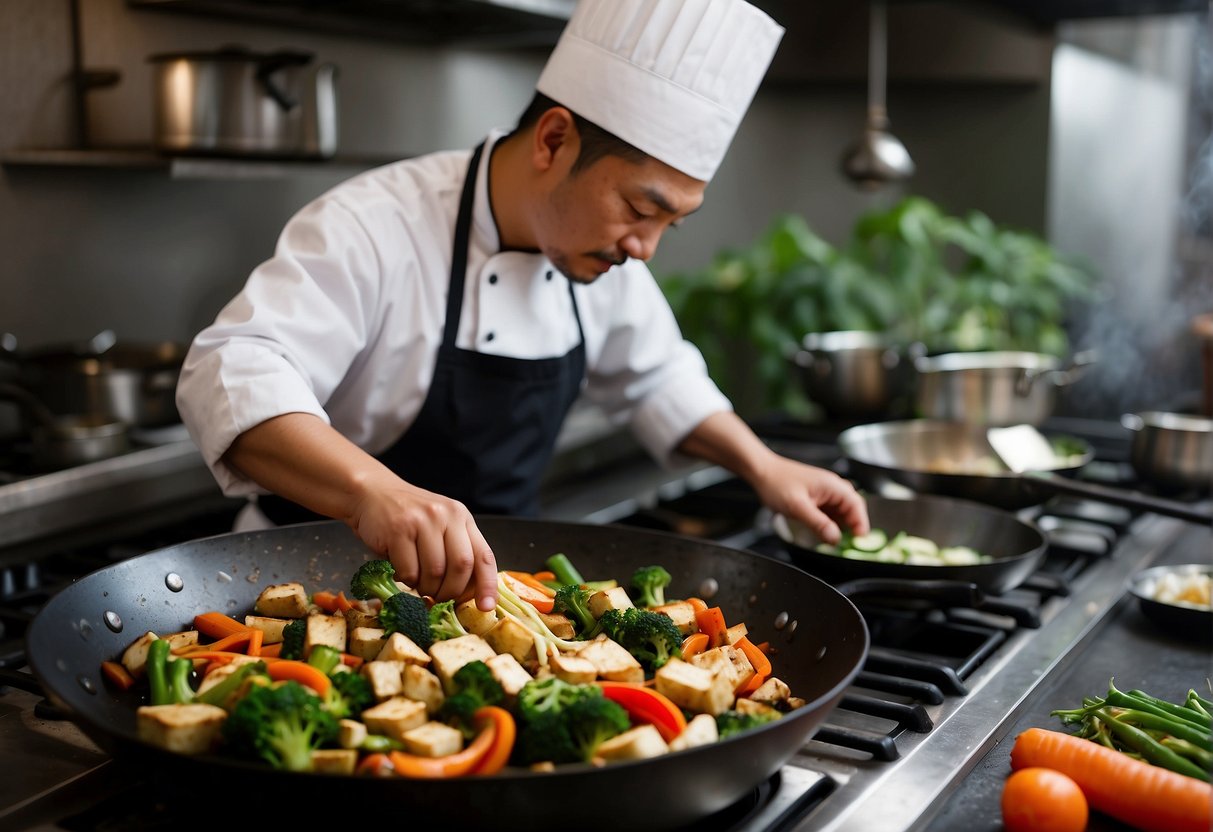 A wok sizzles with stir-fried vegetables and tofu, while a chef adds soy sauce and spices, creating a fragrant Chinese dish