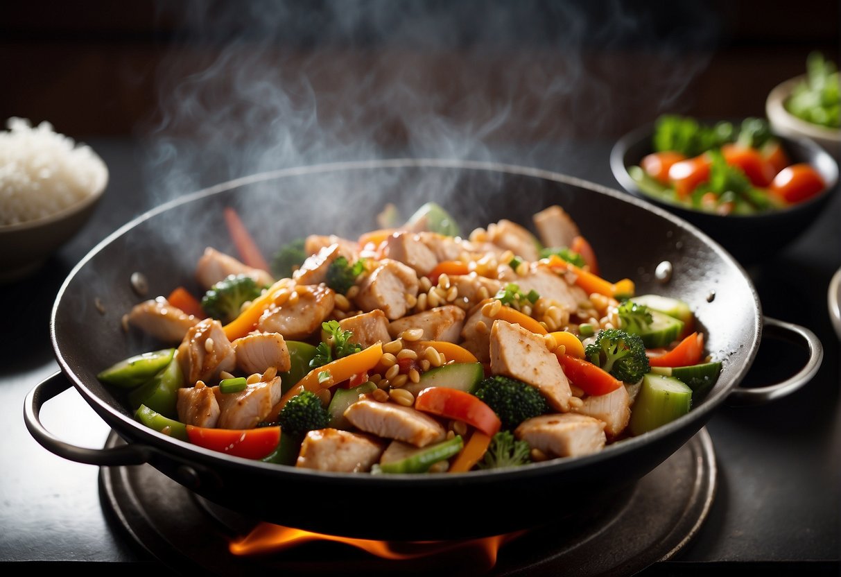 A sizzling wok filled with diced chicken breast, stir-frying with vibrant vegetables and aromatic spices, creating a mouthwatering Chinese chicken dish