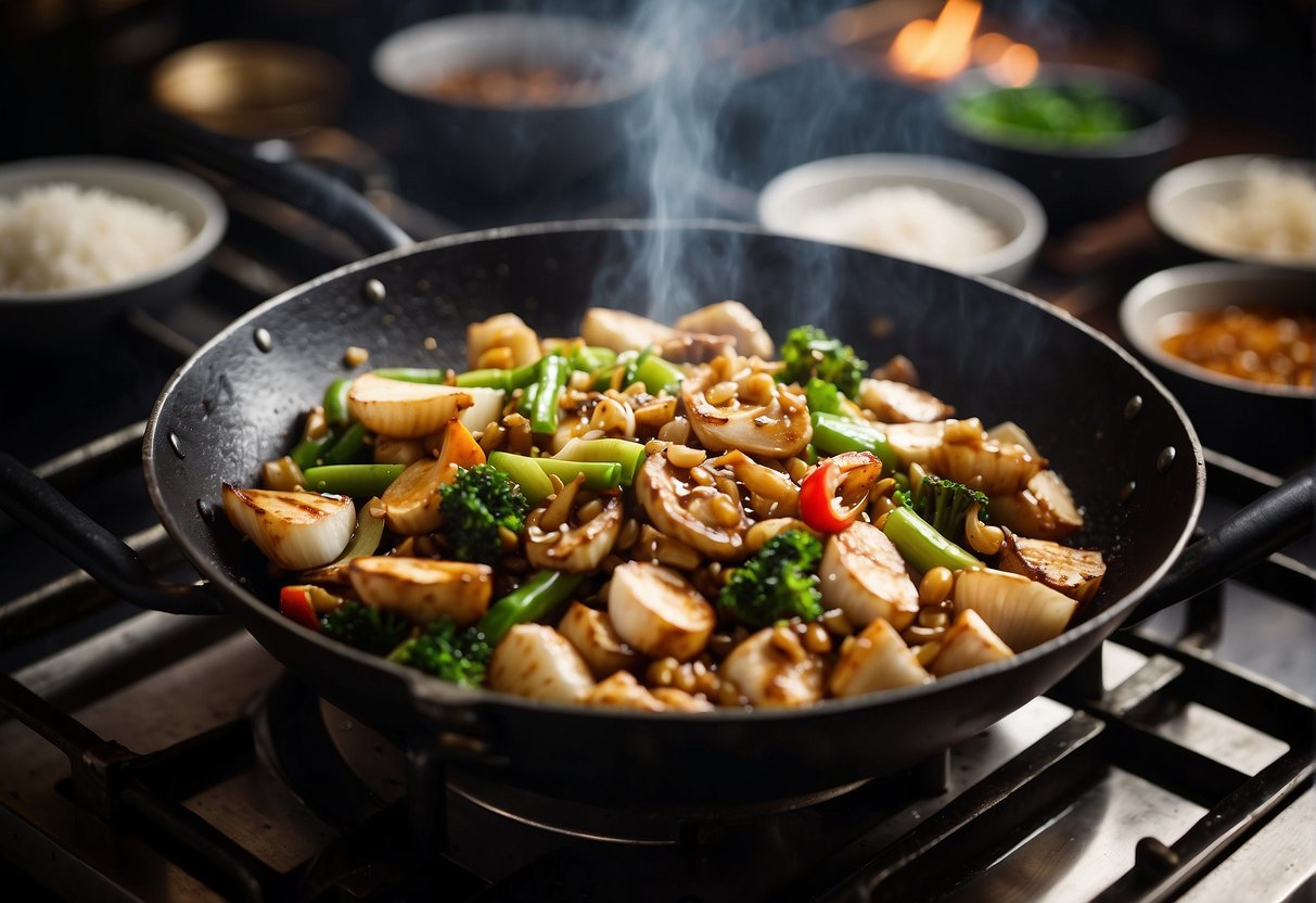 A wok sizzles as garlic and ginger are stir-fried. Soy sauce and oyster sauce are added, creating a savory aroma