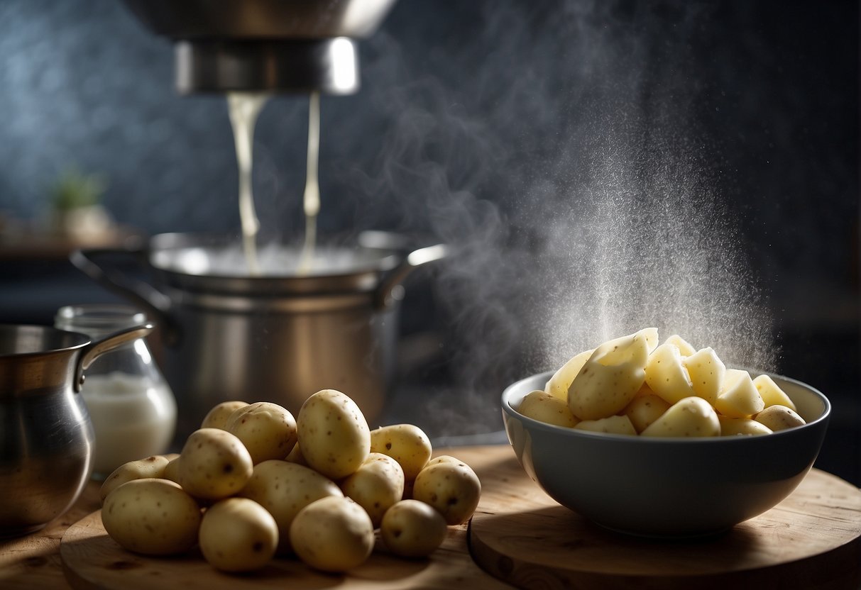Potatoes being peeled and diced, water boiling in a pot, steam rising from a steamer, and a bowl of cornstarch mixed with water