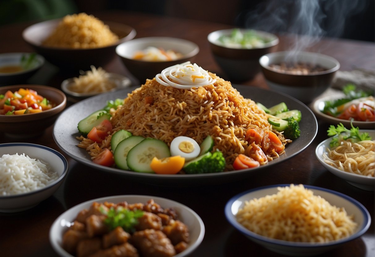 A table set with colorful dishes: Nasi Goreng, Bakso, Sate Ayam, and Mie Goreng. Steam rises from the hot plates