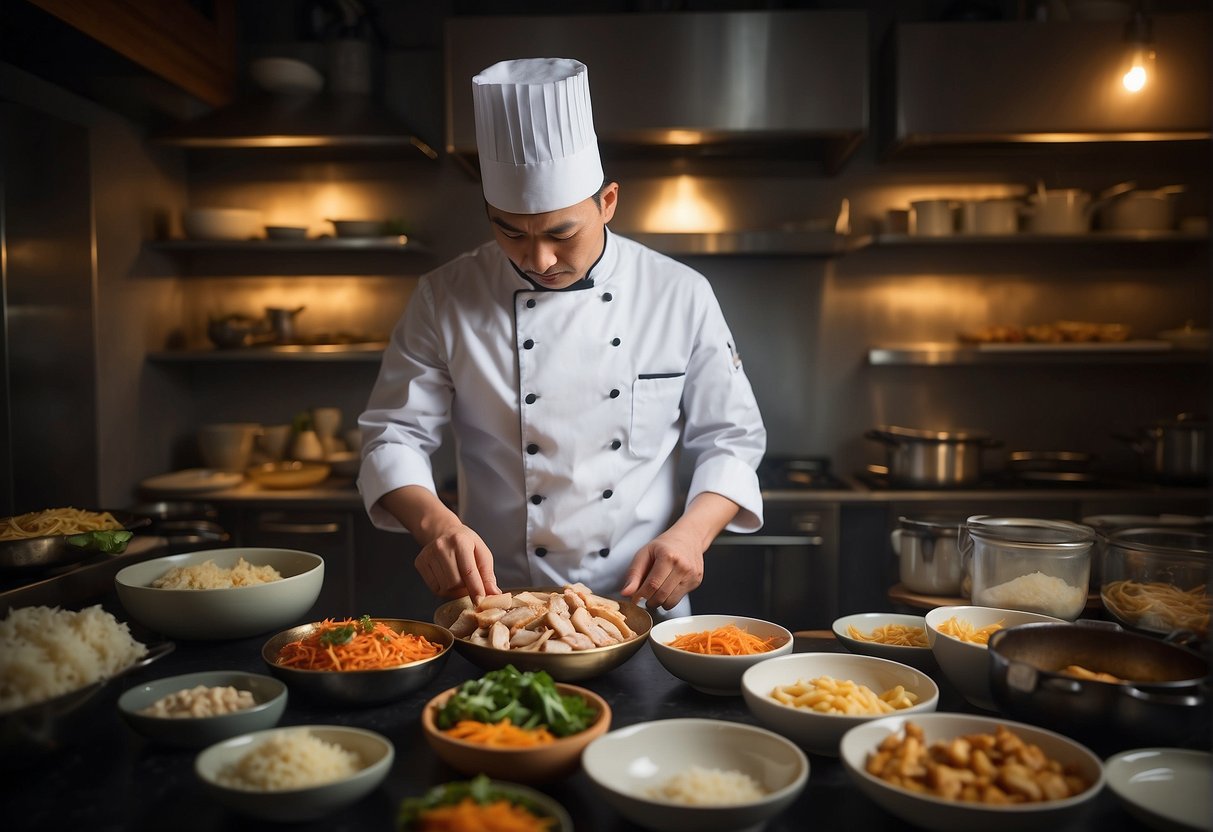 A chef preparing a variety of Chinese chicken breast dishes while surrounded by a collection of frequently asked questions about the recipes