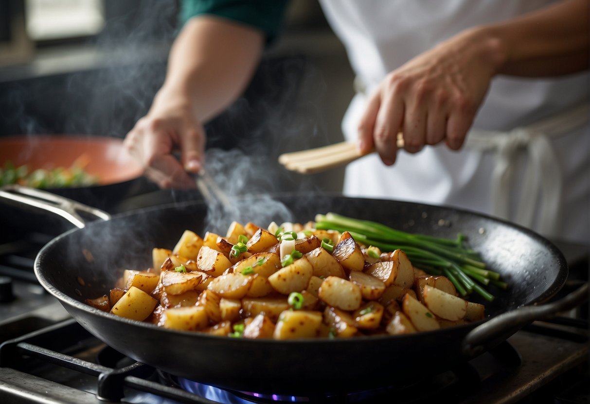 A steaming wok sizzles with diced potatoes, garlic, and ginger, as a chef adds soy sauce and green onions. A bowl of fluffy white rice sits nearby