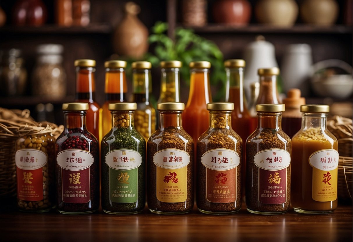 A table filled with various bottles and jars of traditional Chinese sauces and seasonings, with labels written in Bahasa Indonesia
