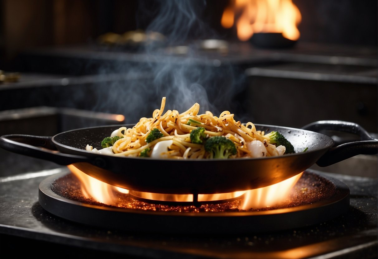 A wok sizzles over a gas flame. Chopped garlic and ginger fry in hot oil. Soy sauce and sugar wait nearby