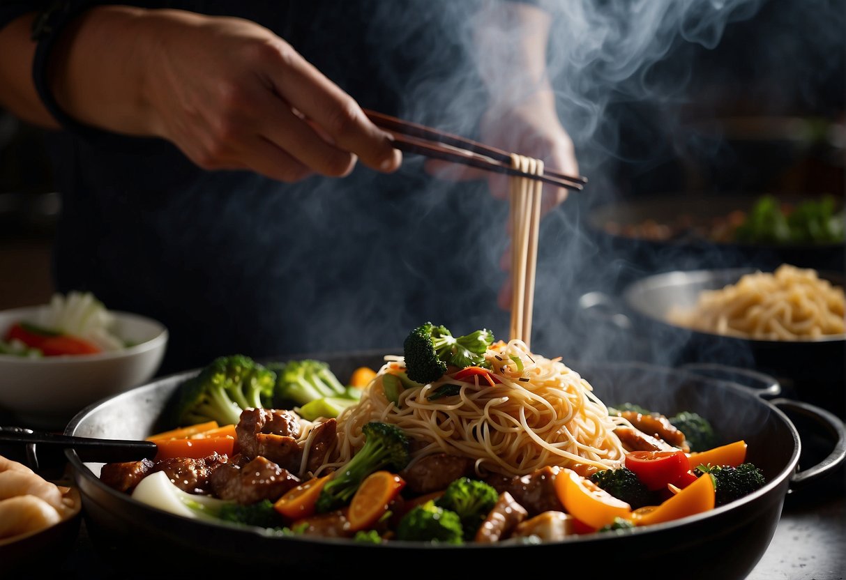 A steaming wok sizzles with stir-fried vegetables and savory marinated meats, while a chef expertly tosses noodles in a fragrant sauce. A stack of takeout containers and chopsticks sit nearby