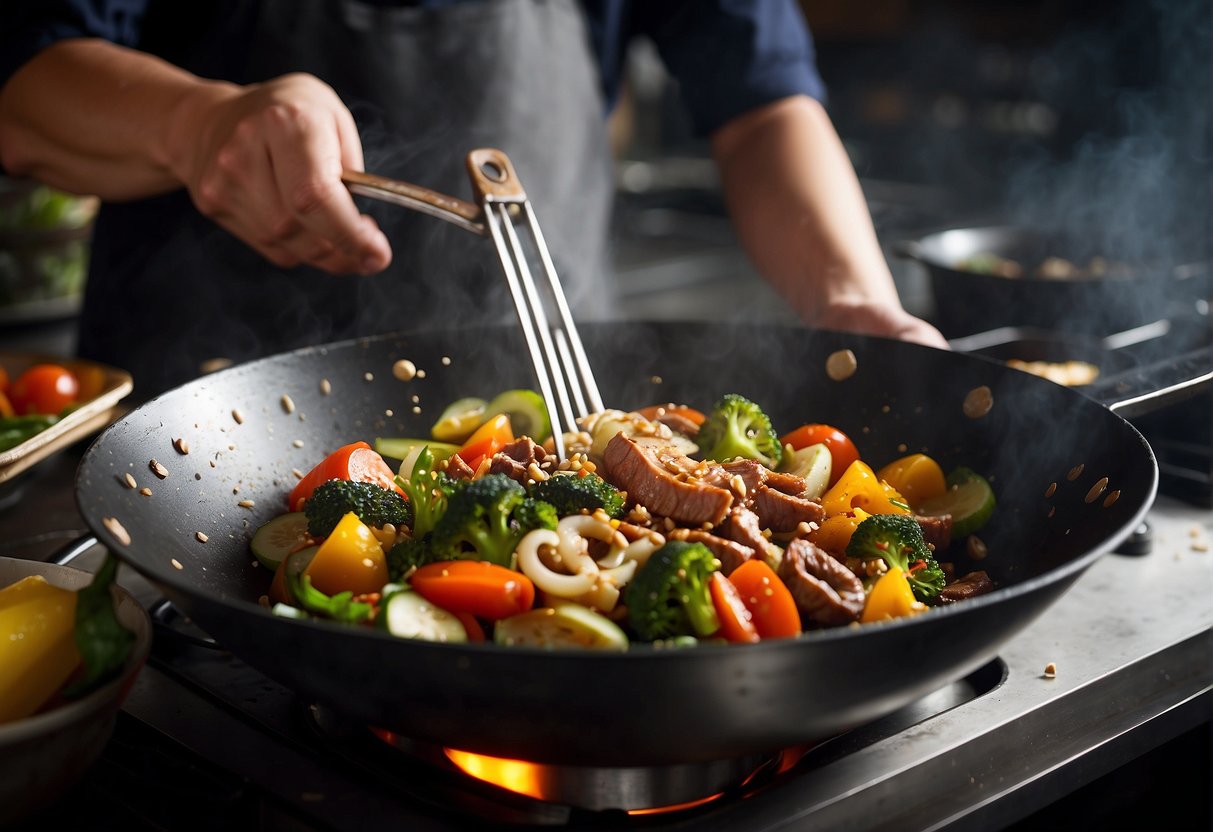 A wok sizzles with stir-fried vegetables and meats, while a chef adds a splash of soy sauce and a sprinkle of sesame seeds