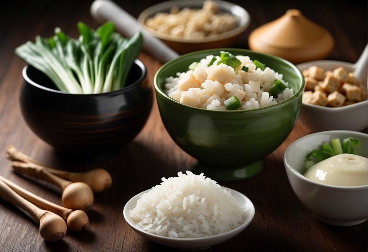 A table with various Chinese food ingredients: soy sauce, ginger, garlic, green onions, tofu, bok choy, and rice vinegar