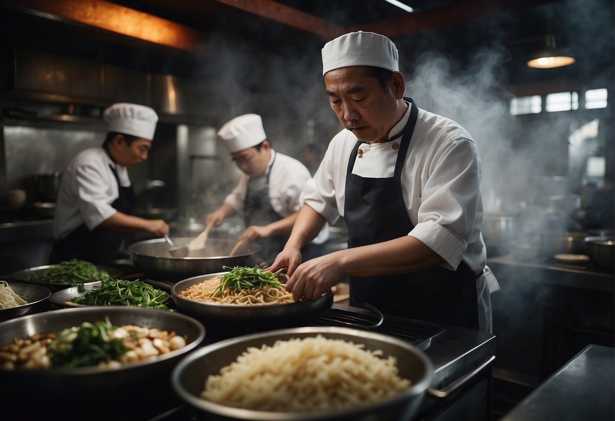 A bustling Chinese kitchen, woks sizzling with stir-fried dishes, steam rising from bamboo steamers, and chefs skillfully slicing and chopping fresh ingredients