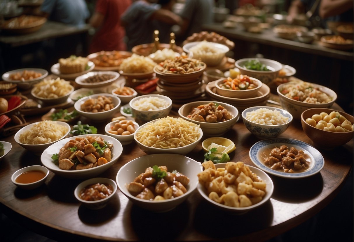 A table filled with various Chinese food dishes, surrounded by people with curious expressions, and a sign that reads "Frequently Asked Questions Chinese Food Recipes."