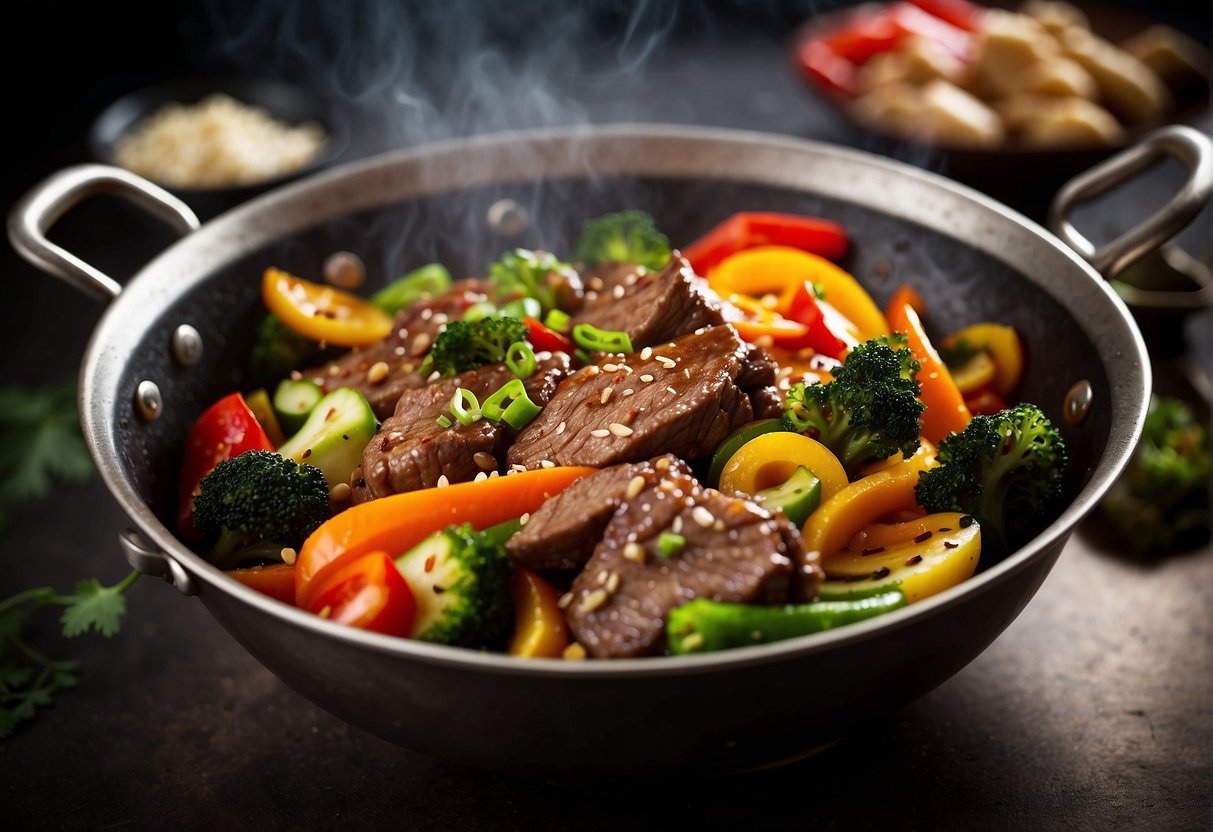 Sizzling beef stir-fry in a wok with colorful vegetables and aromatic spices. Soy sauce and ginger add depth to the dish