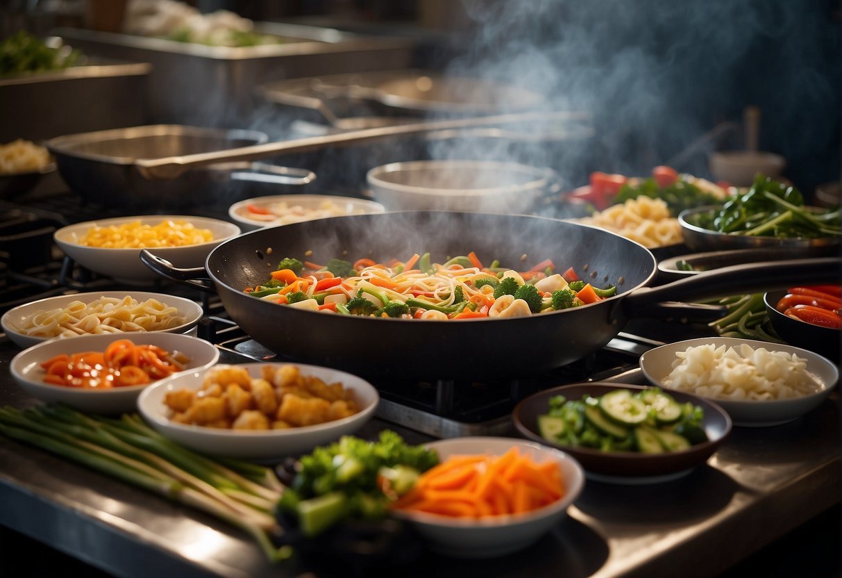 A wok sizzles with stir-fry, steam rises from dumplings, and a colorful array of fresh vegetables and sauces sit ready for use