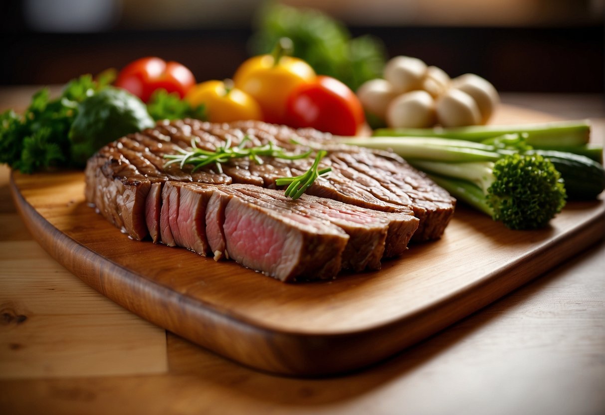 A wooden cutting board with sliced beef, ginger, garlic, soy sauce, and vegetables arranged neatly