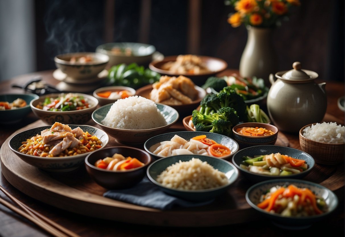 A table set with traditional Chinese dishes for elderly, including steamed fish, stir-fried vegetables, and rice