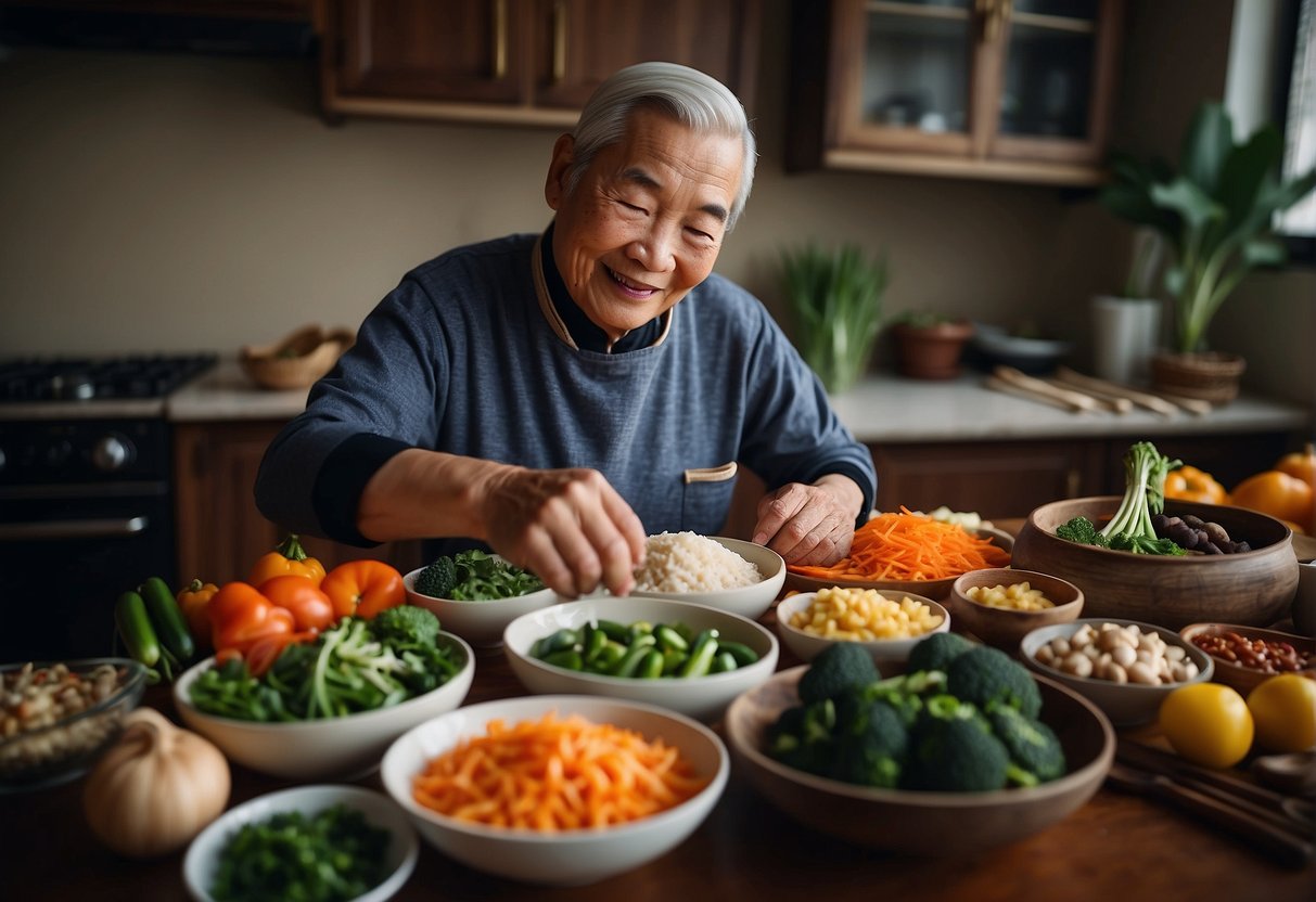An elderly person preparing and enjoying a traditional Chinese meal, surrounded by a variety of fresh and colorful ingredients, with a focus on nutrient-rich foods like vegetables, lean protein, and whole grains