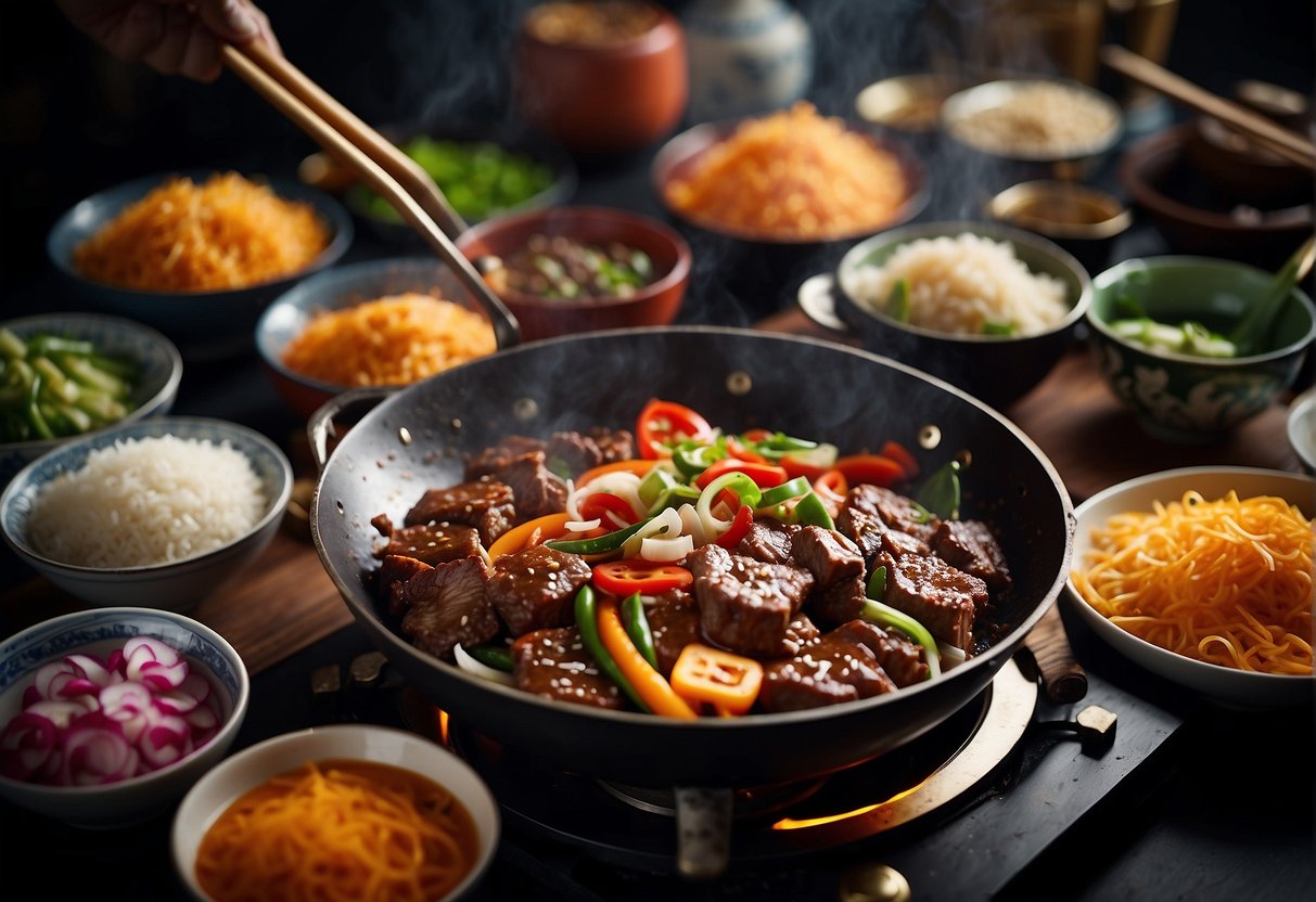 A sizzling wok cooks up various Chinese beef dishes, surrounded by colorful ingredients and traditional cooking utensils