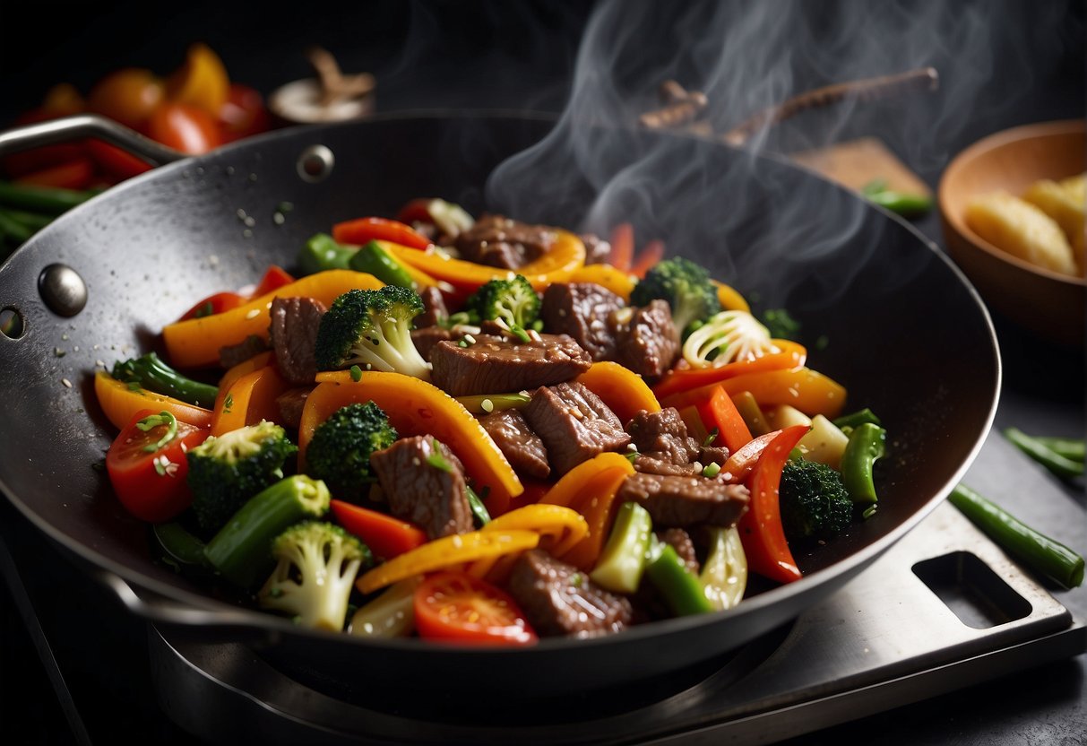 Sizzling beef stir-fry in a wok, with colorful vegetables and aromatic spices. A chef serves the dish onto a decorative plate