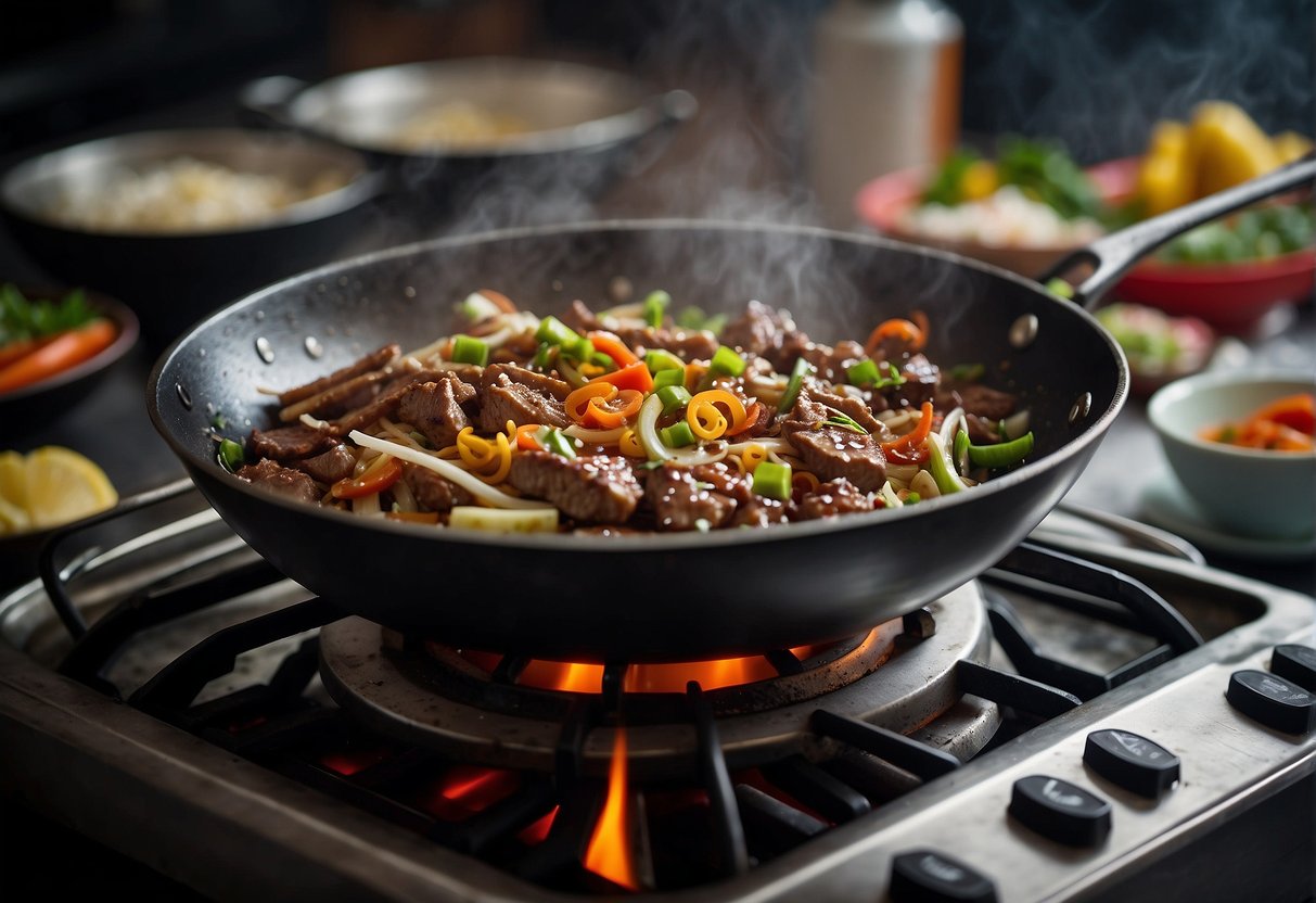 A wok sizzles as beef strips are stir-fried with ginger, garlic, and soy sauce. Steam rises from the sizzling meat, filling the kitchen with savory aromas