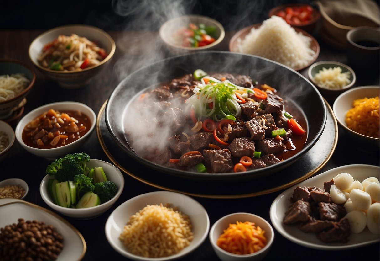 A steaming plate of Chinese beef dishes surrounded by recipe books and ingredients