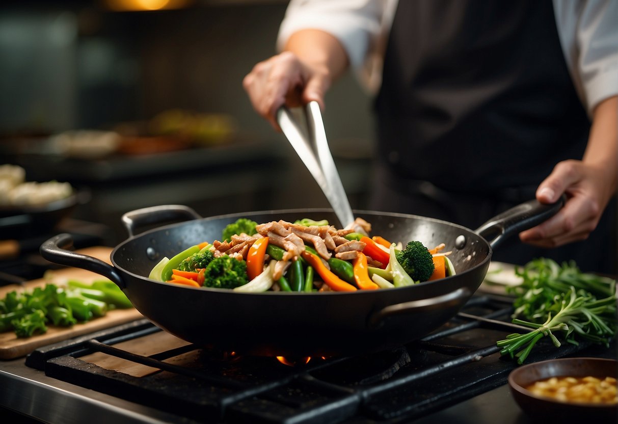 A wok sizzles with stir-fried vegetables and tender meat. A chef adds soy sauce and ginger, demonstrating precise knife skills and cooking techniques