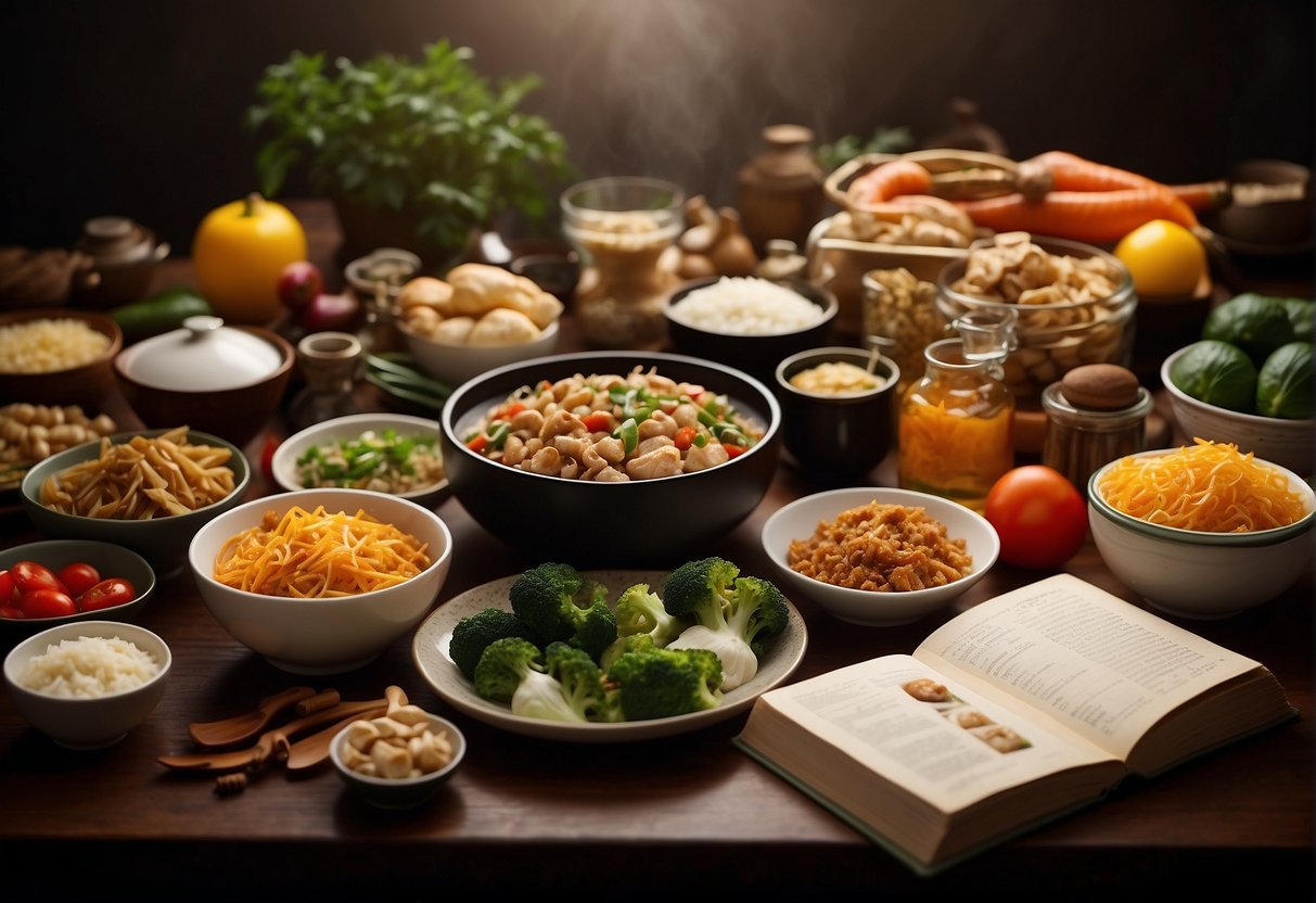 A table with a variety of Chinese food ingredients and cooking utensils, with a recipe book open to a "Frequently Asked Questions" section