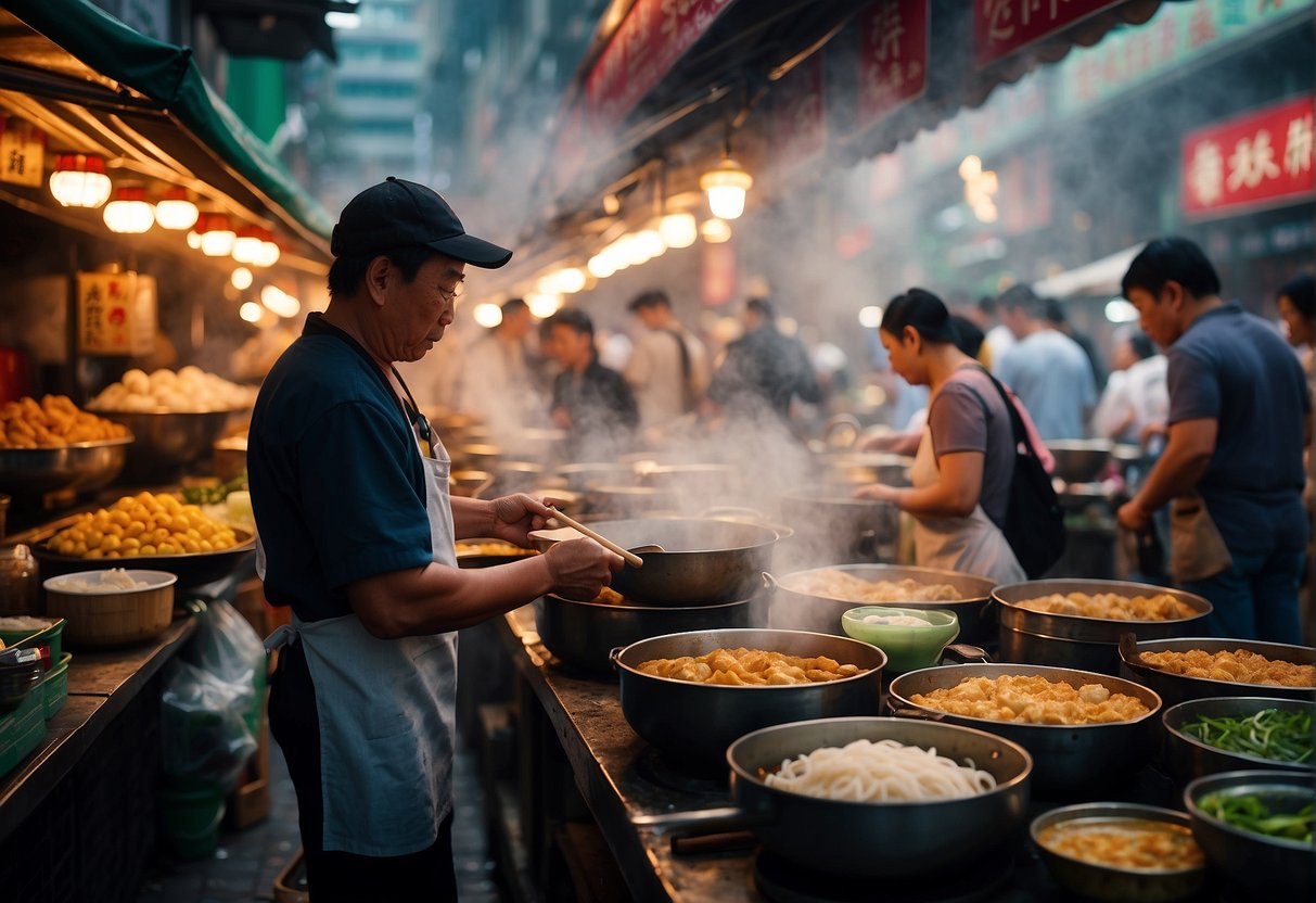 A bustling Hong Kong street market, with vendors cooking up traditional Chinese dishes like dim sum and stir-fried noodles. Aromatic steam rises from sizzling woks, while colorful ingredients fill the bustling stalls