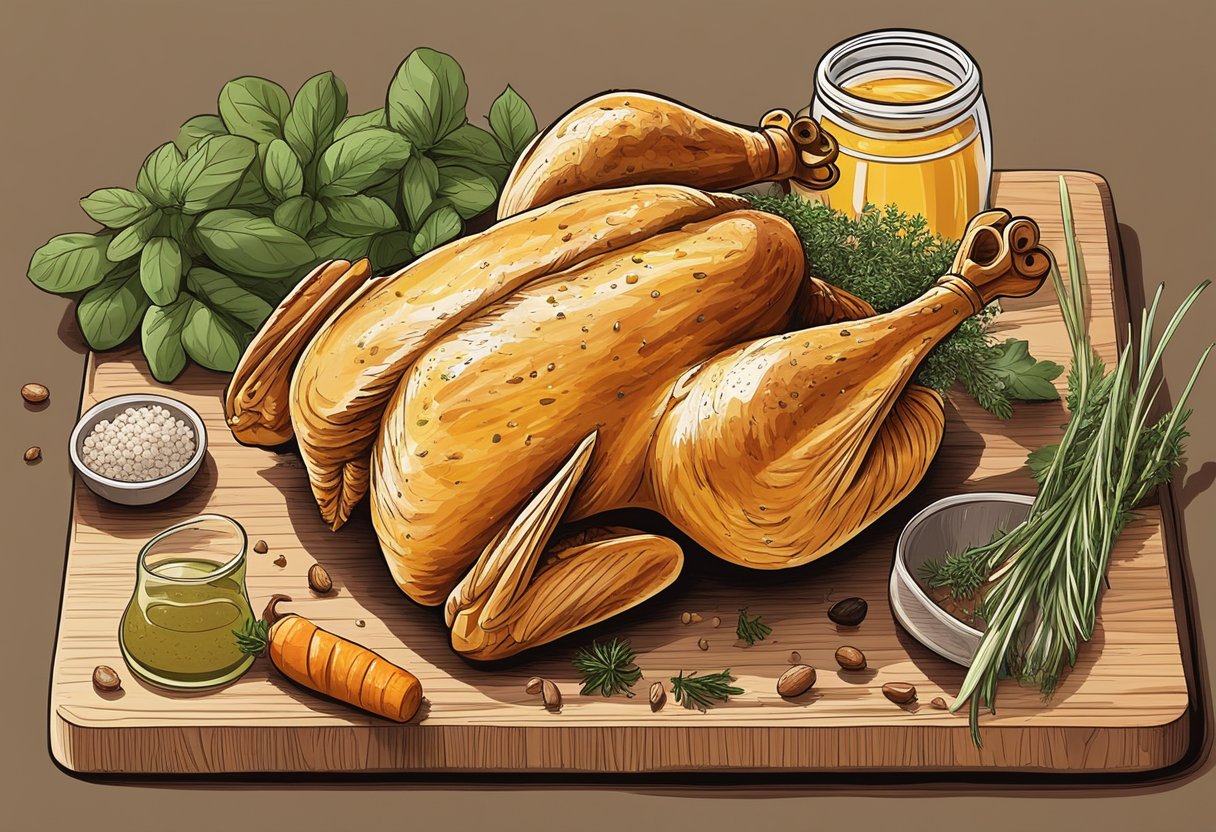 A marinated chicken in beer, surrounded by various herbs and spices, sits on a wooden cutting board, ready to be cooked