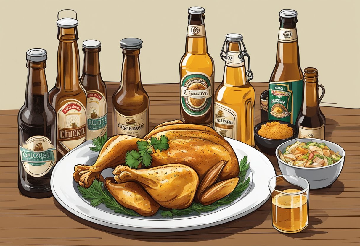 Marinated chicken in beer, surrounded by beer bottles and a bowl of marinade