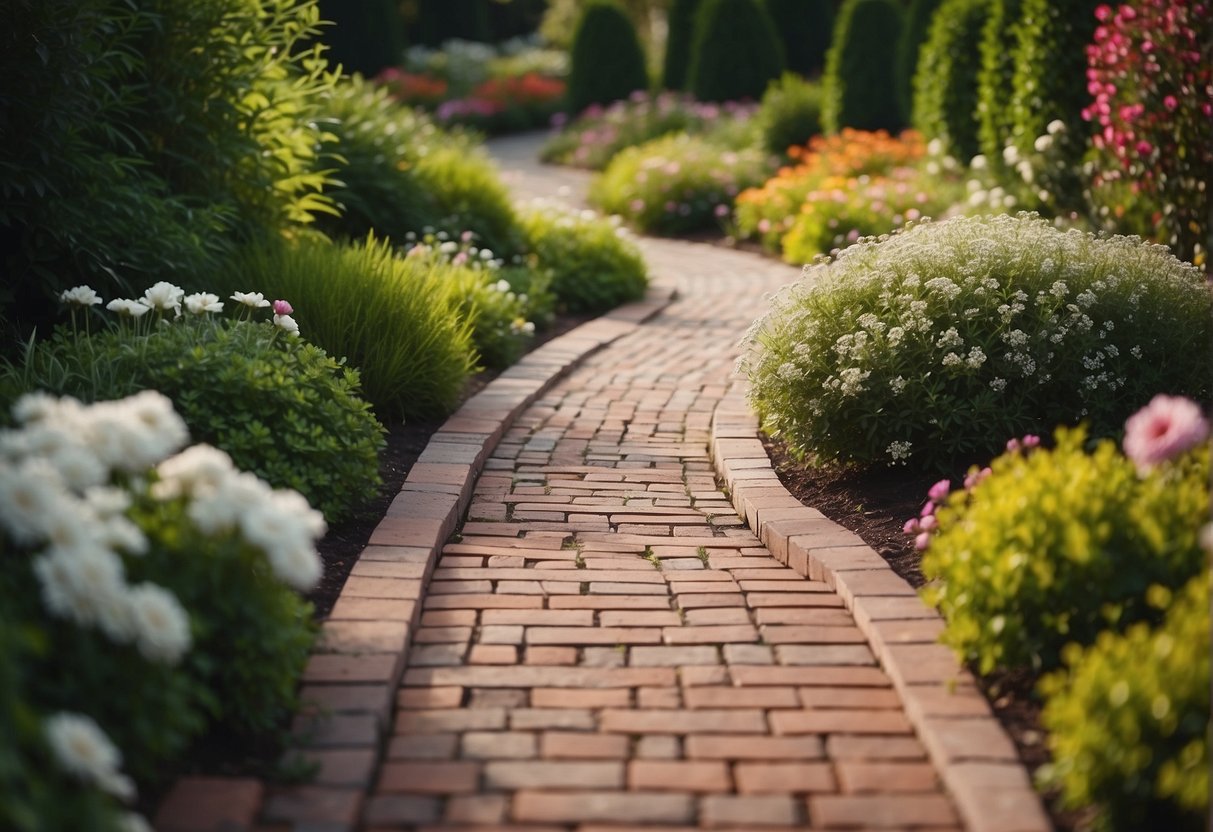 A neatly arranged brick paver pathway winding through a lush garden, with vibrant flowers and neatly trimmed shrubs, creating a visually pleasing and inviting landscape