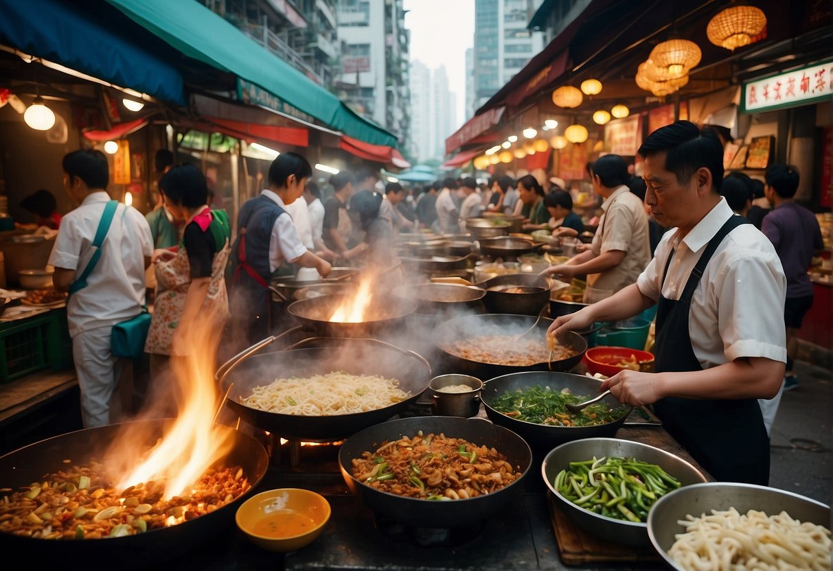 A bustling Hong Kong street market with vendors cooking up traditional Chinese dishes in sizzling woks, surrounded by colorful ingredients and aromatic spices