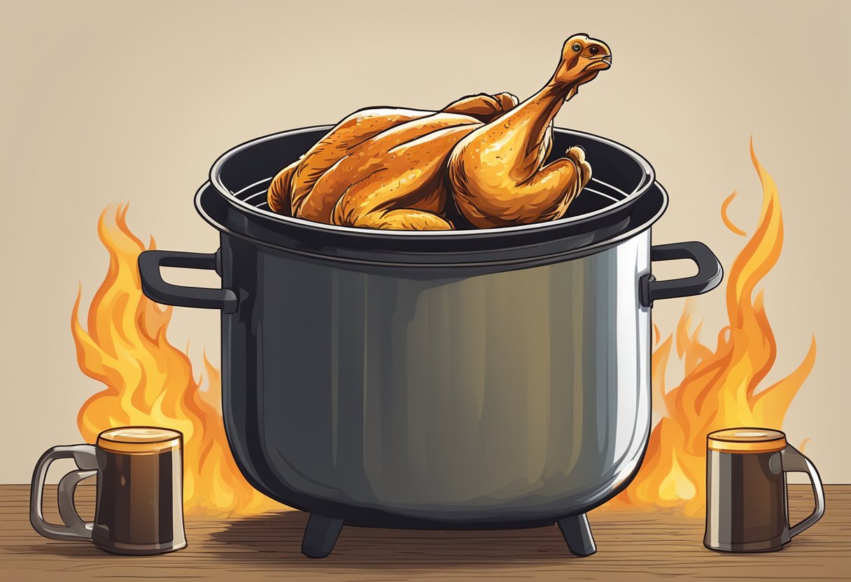 A marinated chicken cooking in a pot of beer over a hot flame