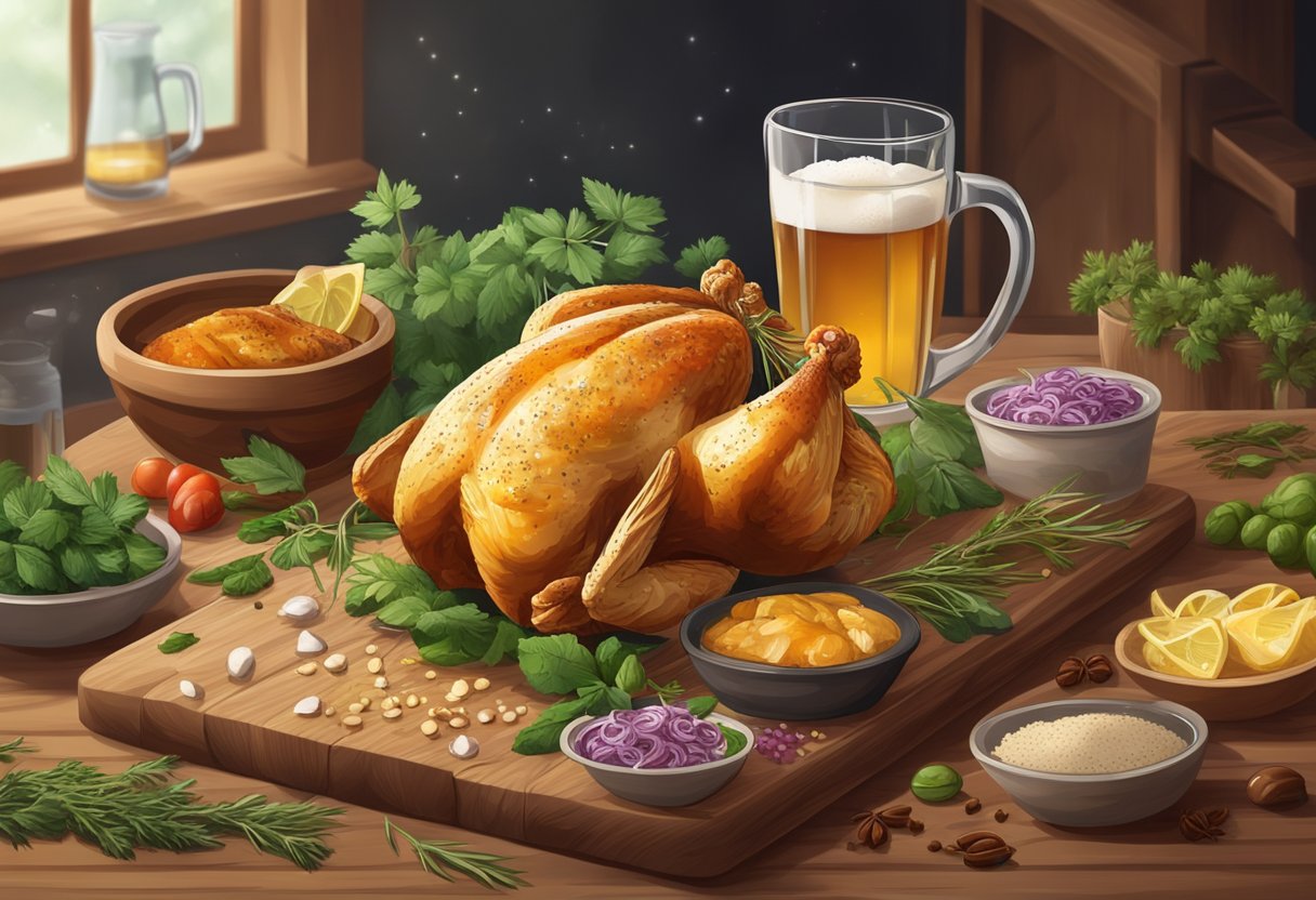 A marinated chicken in beer surrounded by various herbs and spices on a wooden cutting board. Glass of beer and ingredients in the background