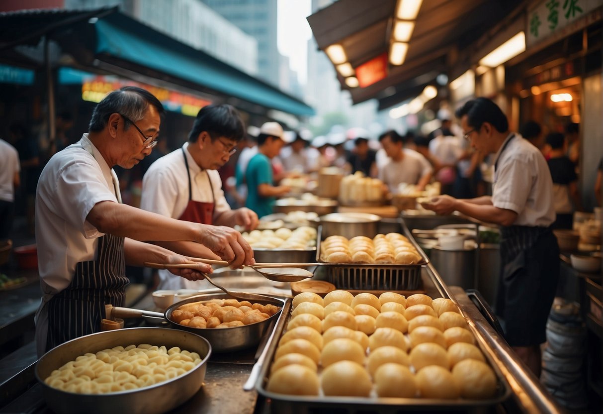 A bustling Hong Kong street market with vendors cooking iconic Chinese dishes like dim sum and barbecue pork buns