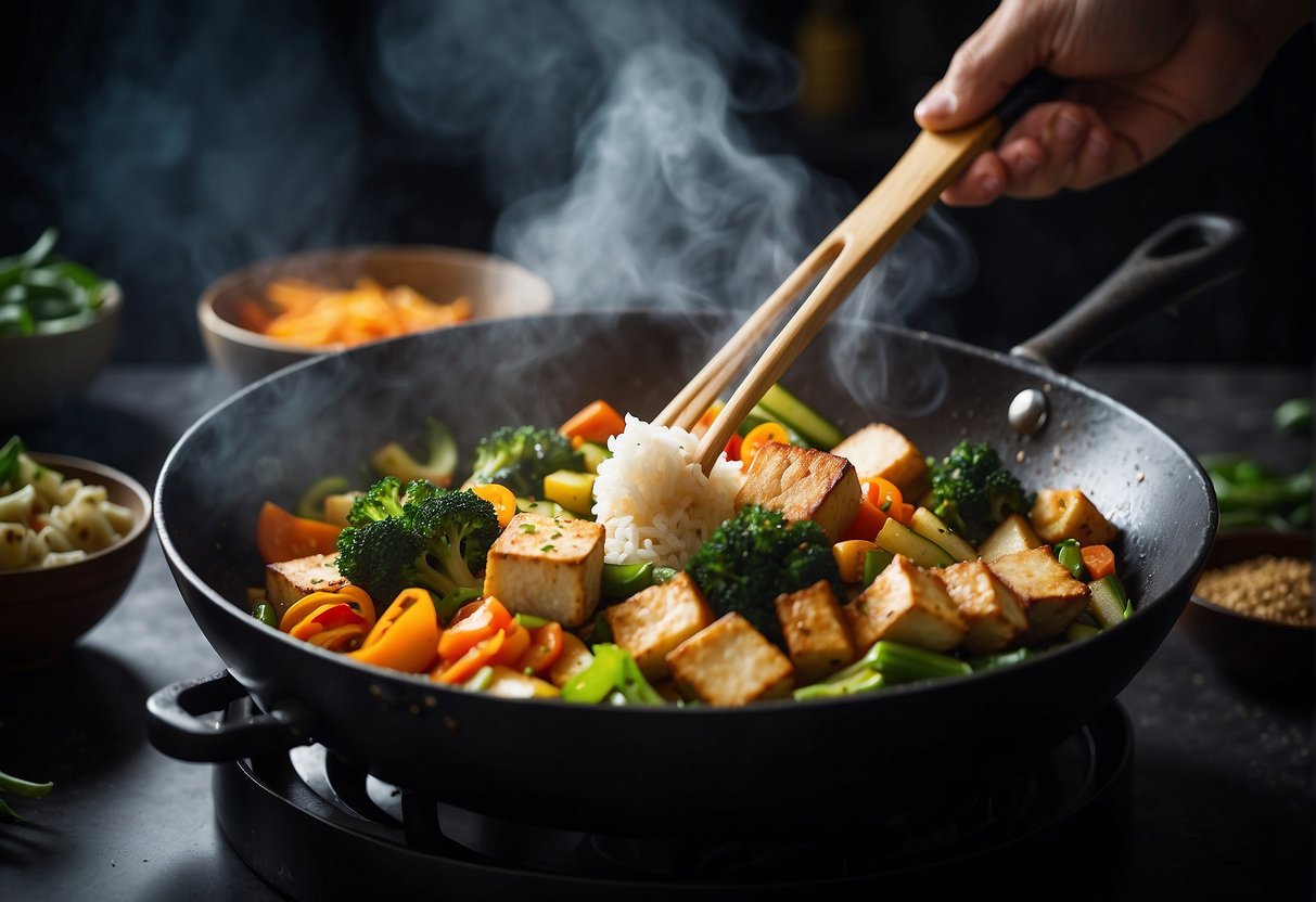 A wok sizzles with stir-fried vegetables and tofu. Steam rises from a pot of rice. A chef's knife chops fresh ginger and garlic