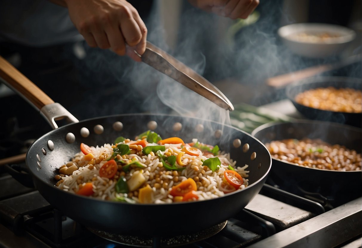 A wok sizzles as ingredients are stir-fried over high heat. Steam rises from a pot of rice cooking on the stove. A chef adds a splash of soy sauce, creating a burst of aroma