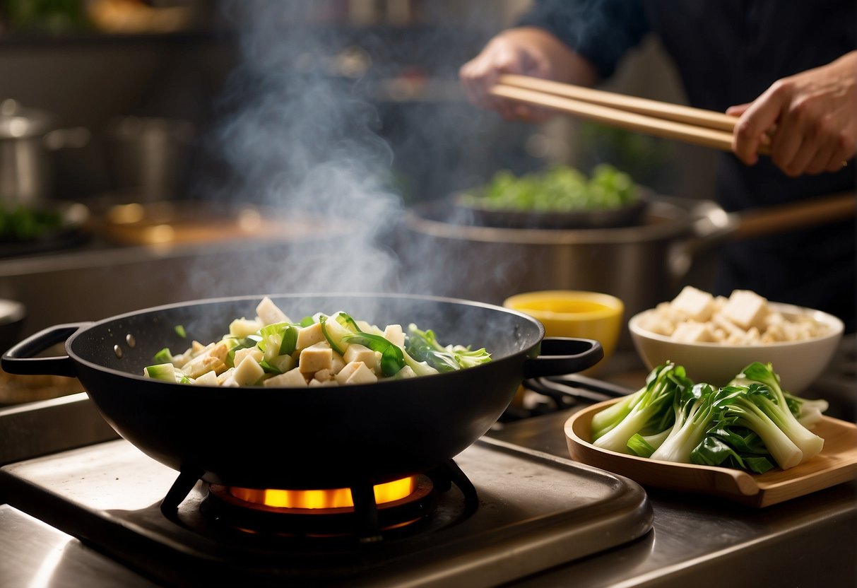 A wok sizzles as a chef stir-fries bok choy and tofu in a fragrant mix of garlic, ginger, and soy sauce. A steaming pot of rice sits nearby, ready to complete the traditional Chinese meal