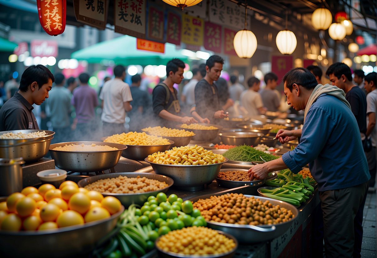 A bustling Hong Kong street market with vendors cooking up fragrant dishes, surrounded by colorful signs advertising traditional Chinese recipes