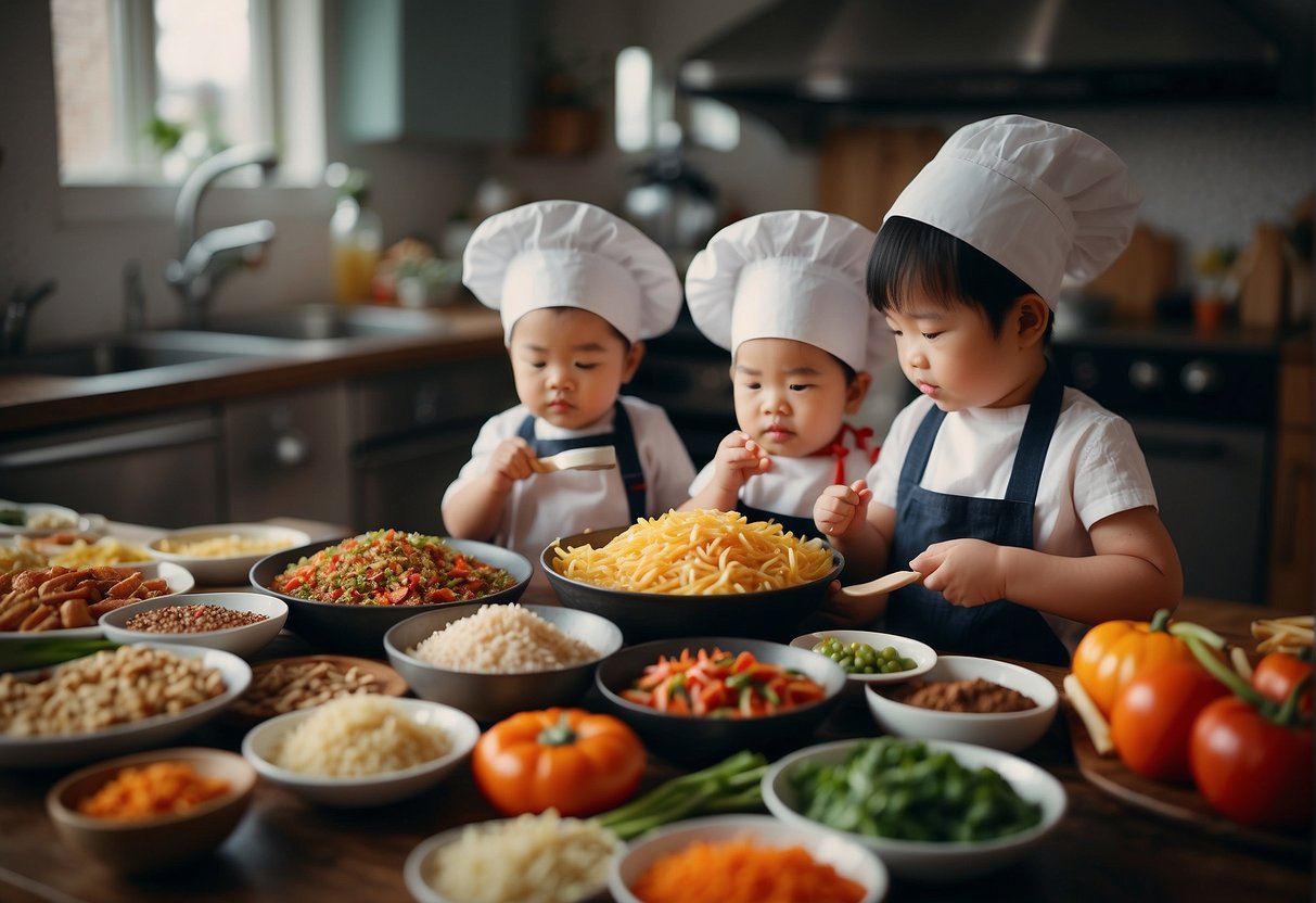 Toddlers surrounded by colorful Chinese food ingredients and utensils, with a chef's hat and apron nearby