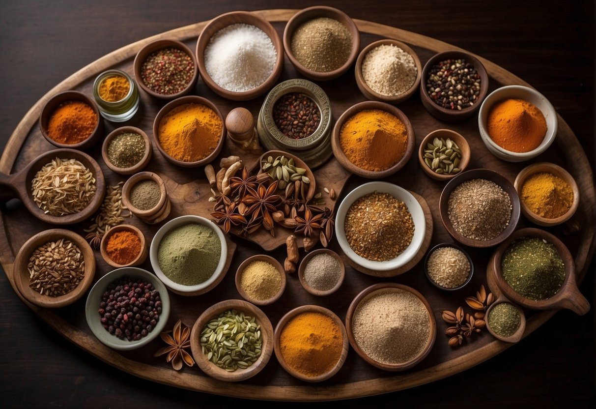 A table filled with various spices, herbs, and essential ingredients for Chinese food recipes in Tamil