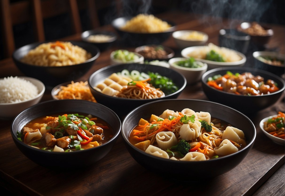 A table set with Tamil-Chinese fusion dishes, steaming bowls of noodles, sizzling stir-fries, and colorful dumplings