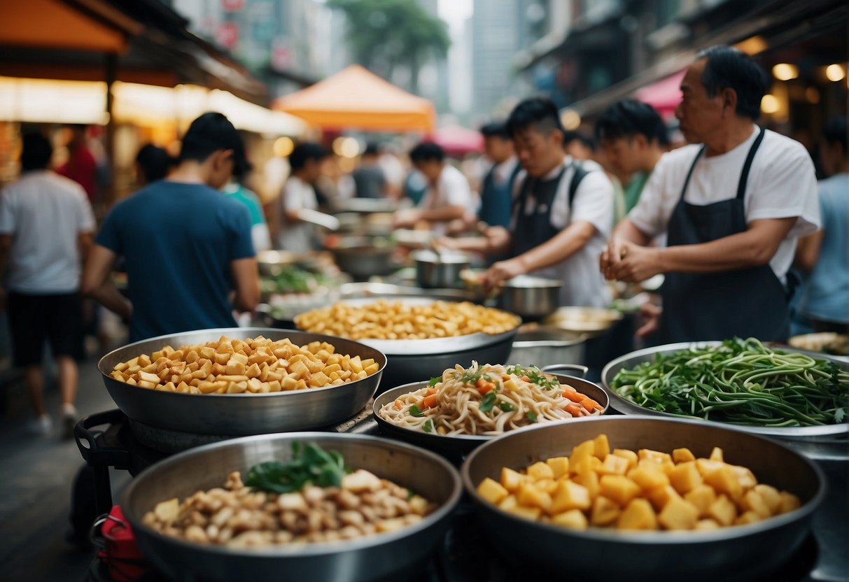 A bustling Hong Kong street market, with colorful food stalls and chefs cooking up traditional Chinese dishes