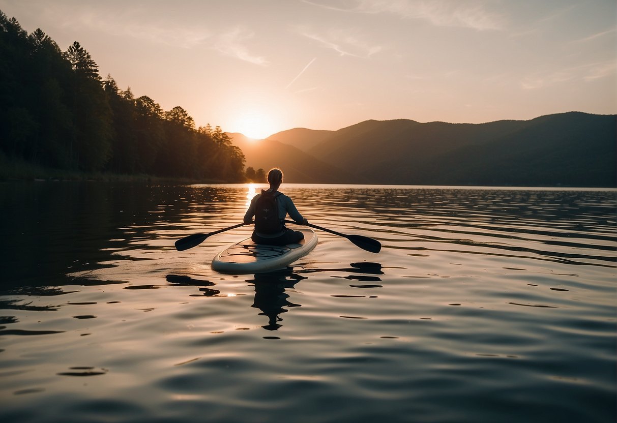 A calm lake with a serene sunset in the background, showcasing a beginner paddling effortlessly on a stable and easy-to-use paddle board