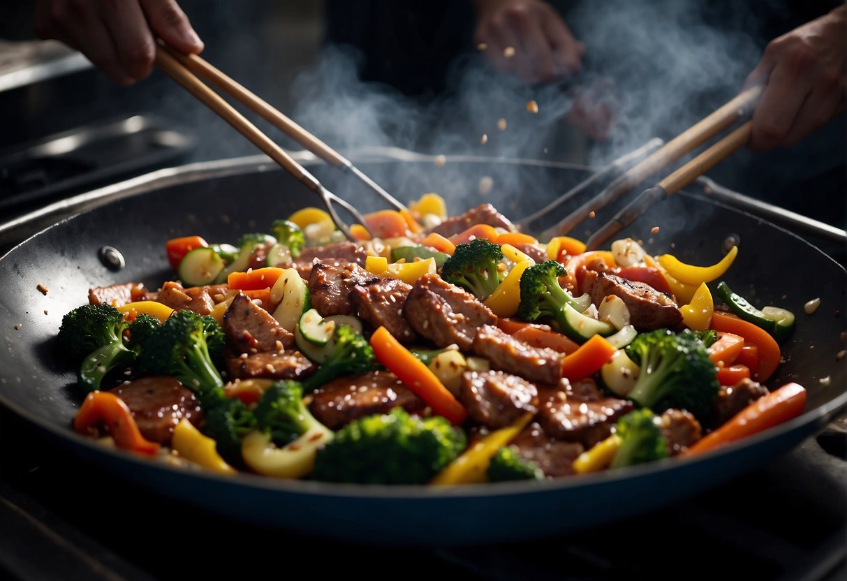 A wok sizzles with stir-fried veggies and meat. A chef adds a dash of soy sauce and tosses the ingredients with precision. Chopped vegetables and marinated meats wait on the cutting board