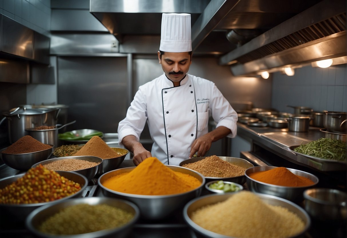 A chef in a bustling Tamil kitchen, blending traditional spices with Chinese ingredients for a fusion dish